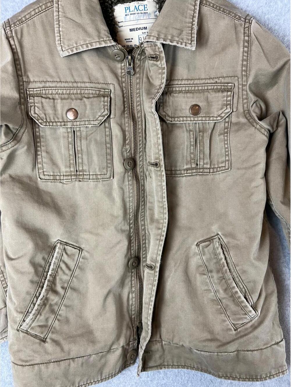 Children's Place utility Jacket Boys Size M Khakis Fur Buttoned Winter Warm - Picture 5 of 12